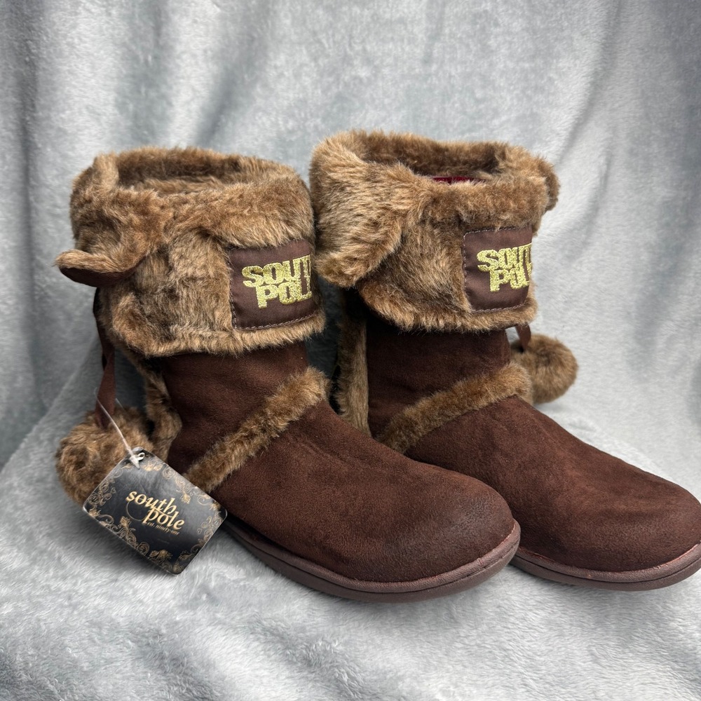 Southpole Cabin-F10 Brown Faux Suede Fur Trim Pom Pom Winter Boots Womens 10 NEW
